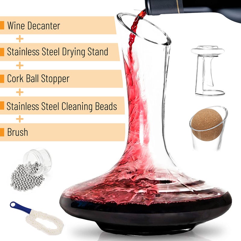 Brew To A Tea BTaT- XL Decanter with Drying Stand, Stopper, Brush and Beads, Hand Blown Crystal Glass, Wine Decanter, Wine Carafe, Wine Accessories, Red Wine Decanter, Christmas Gifts - Image 2